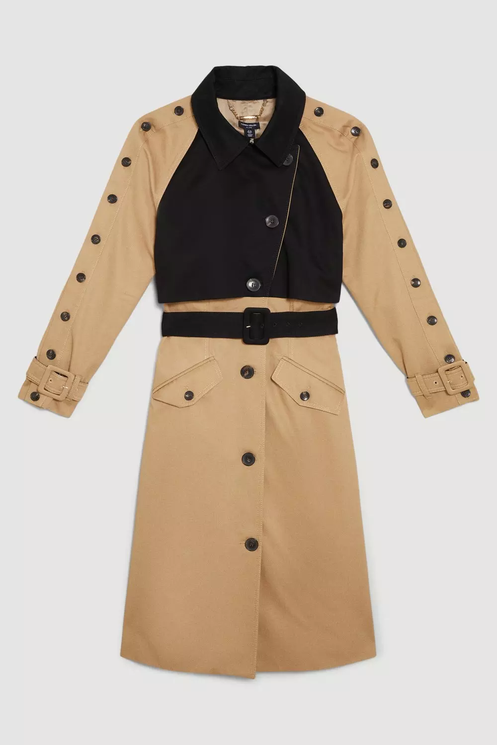 Petite Button Detail Color Block Detail Trench Coat | Karen Millen