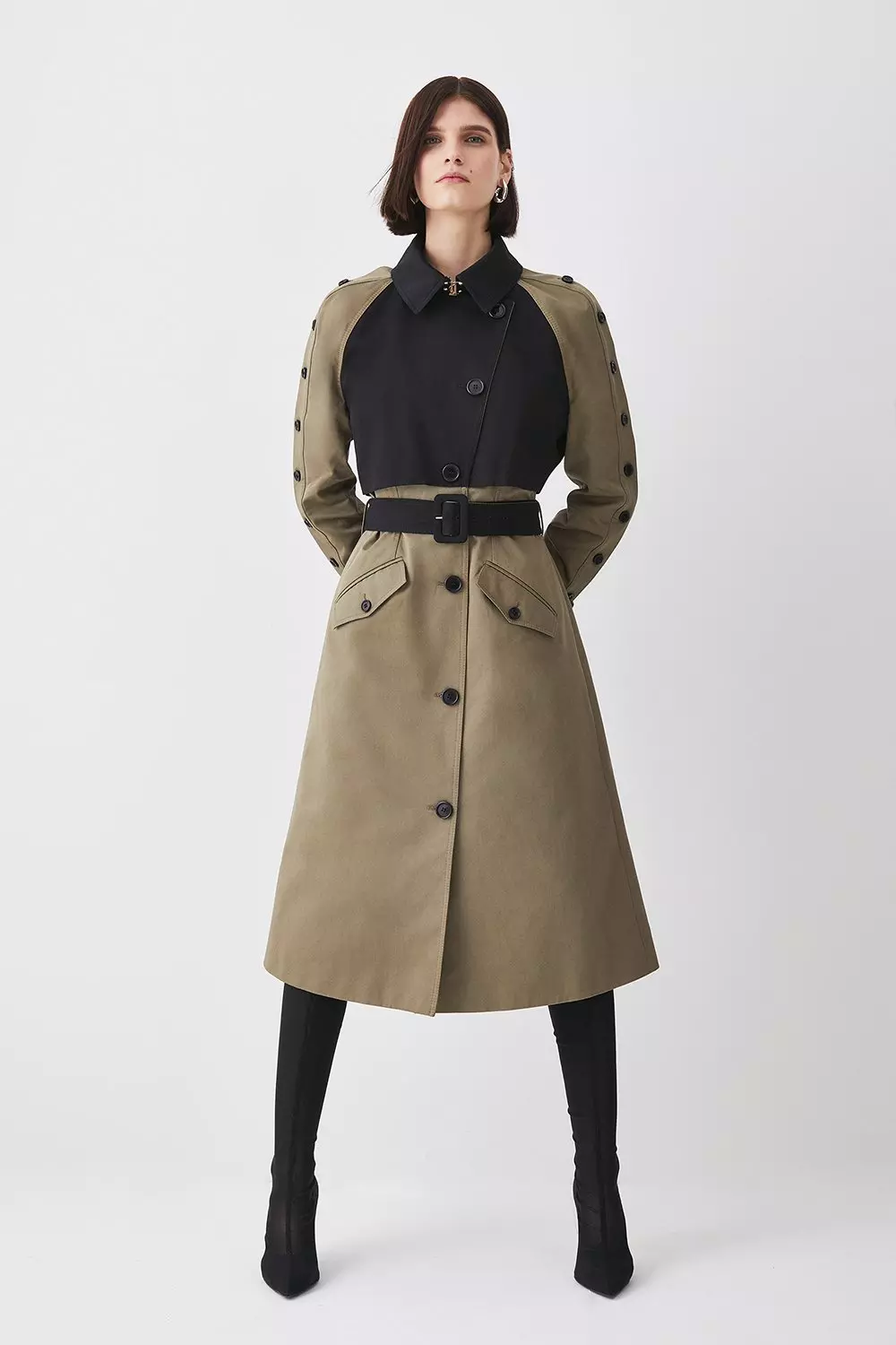 Button Detail Color Block Detail Trench Coat | Karen Millen