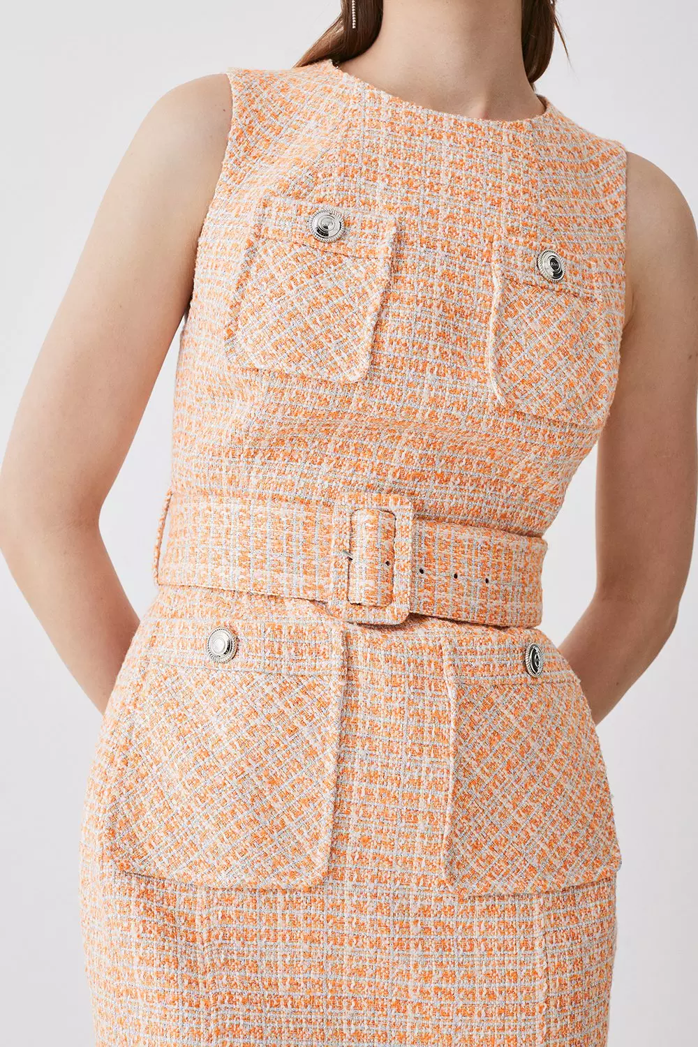 Tweed Belted Pencil Midi Dress