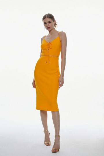 Orange Scuba Crepe Lace Detail Woven Bodycon Midi Dress