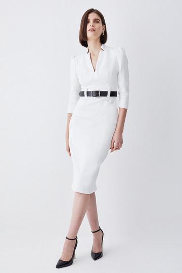 Compact Stretch Belted Forever Belted Pencil Midi Dress ivory