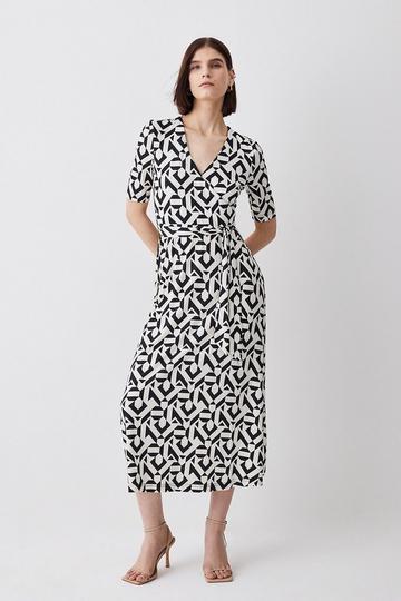 Half Sleeve Geometric Printed Jersey Wrap Midi Dress mono