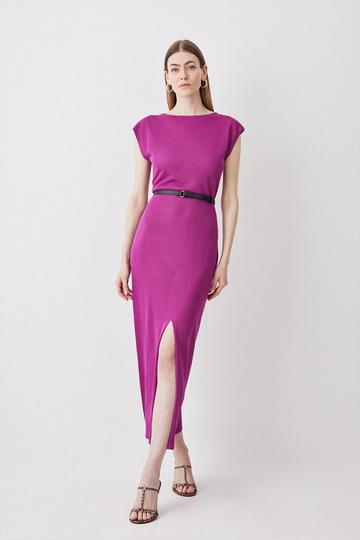 Viscose Blend Slash Neck Lightweight Summer Knit Midi Dress magenta