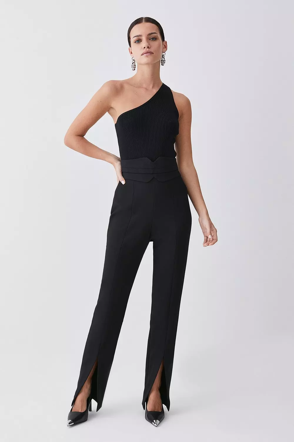 Petite Compact Stretch High Rise Split Hem Pants | Karen Millen