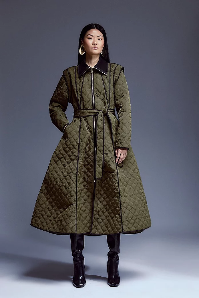 Tall Quilted Full Skirted Belted Midi Coat