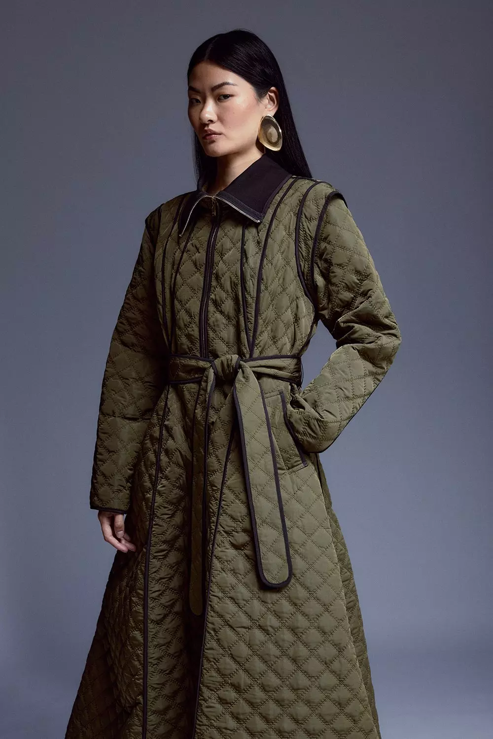 Tall Quilted Full Skirted Belted Midi Coat Karen Millen