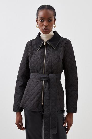 Quilted Peplum Belted Coat black