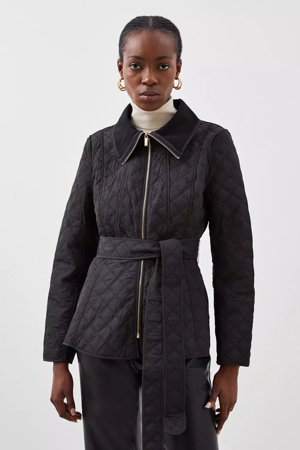 Quilted Peplum Belted Coat