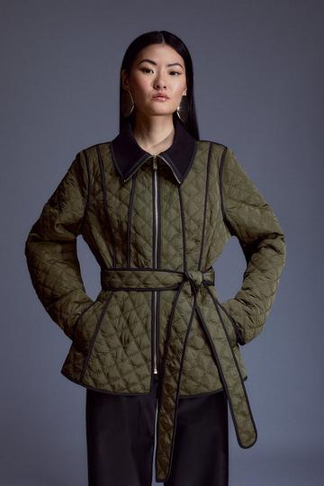 Khaki Quilted Peplum Belted Coat