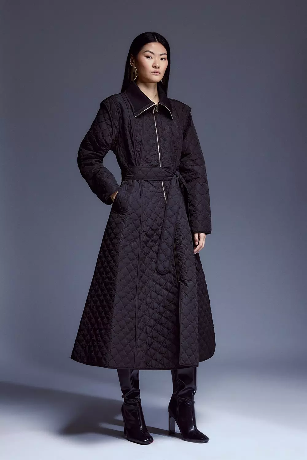 Quilted Full Skirted Belted Midi Coat