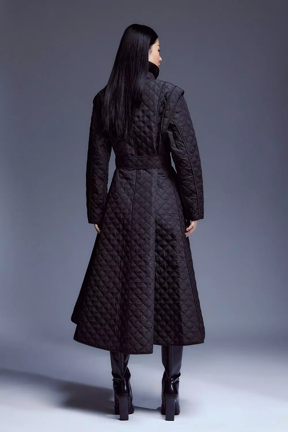 Quilted Full Skirted Belted Midi Coat