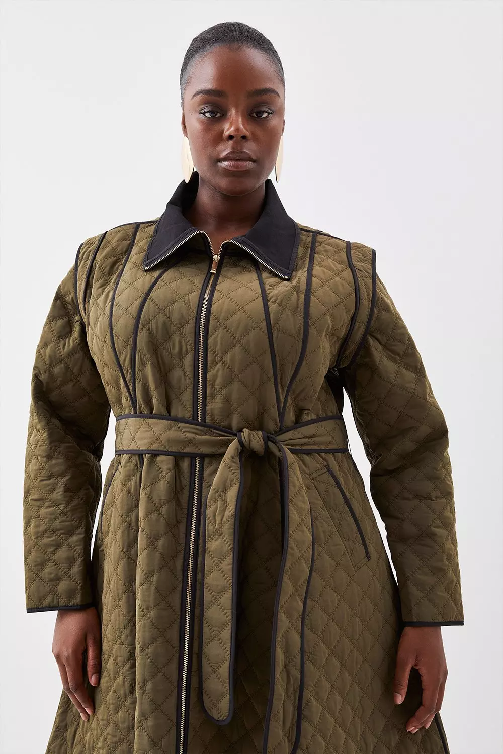 Plus Size Quilted Full Skirted Belted Midi Coat