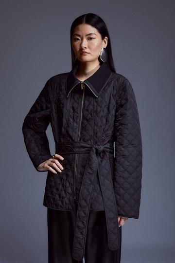 Tall Quilted Peplum Belted Coat black