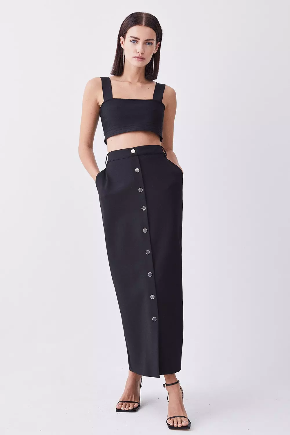 Petite Compact Stretch Popper Detail Midi Skirt | Karen Millen