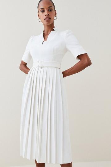 Petite Compact Stretch Forever Pleat Belted Midi Dress ivory