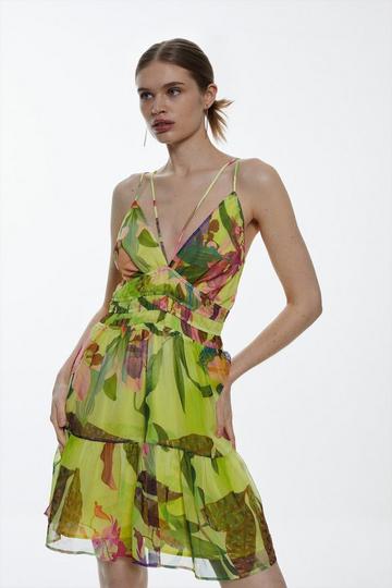 Tropical Orchid Strappy Crinkle Shirred Woven Mini Dress yellow
