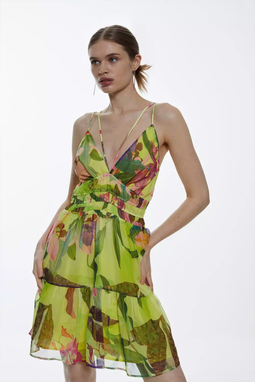 Tropical Orchid Strappy Crinkle Shirred Woven Mini Dress | Karen Millen