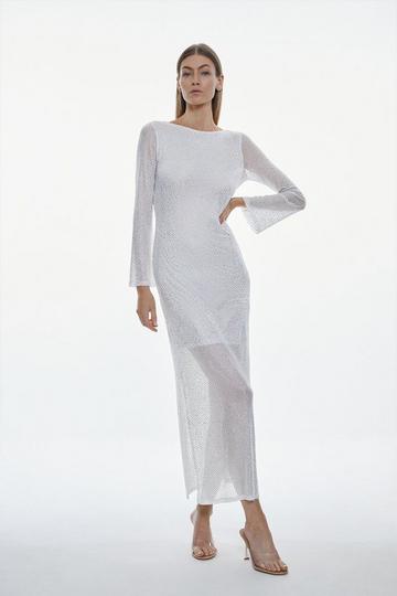 White All Over Embellished Jersey Long Sleeve Maxi Dress