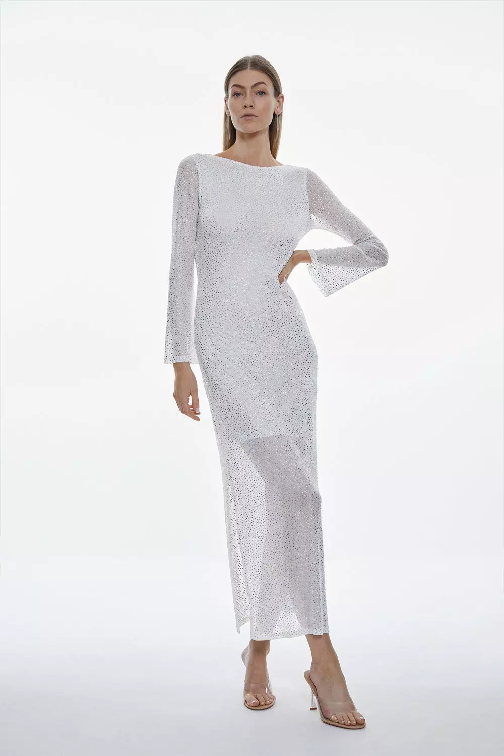 All Over Embellished Jersey Long Sleeve Maxi Dress