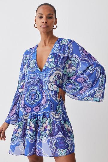 Embellished Batik Kimono Sleeve Beach Mini Dress. blue