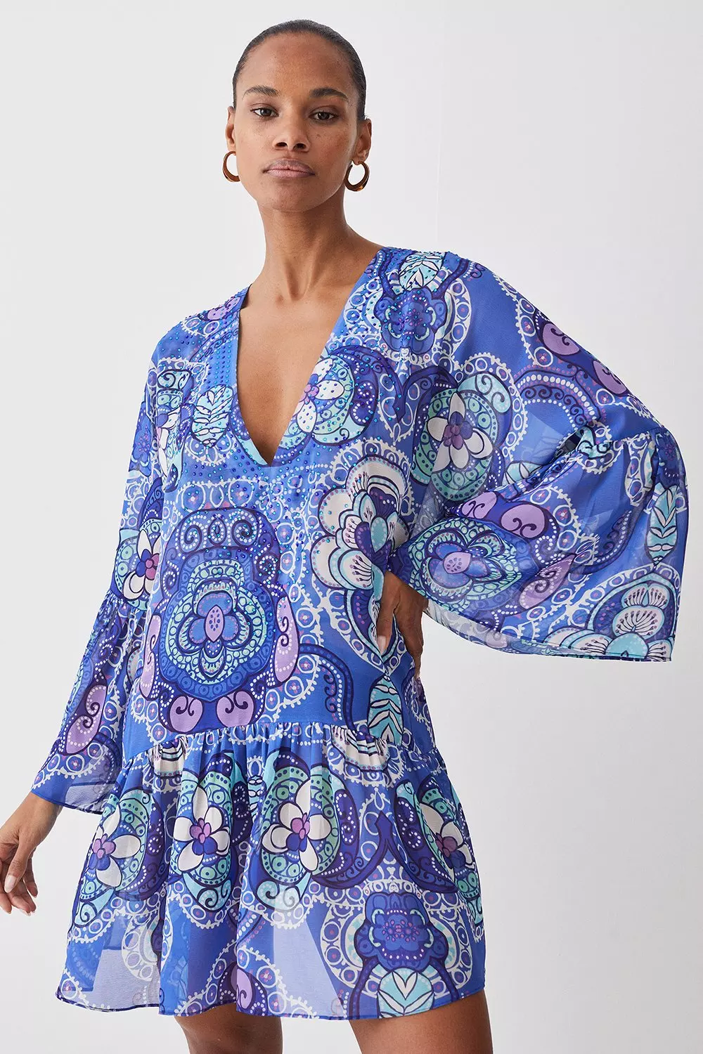 Embellished Batik Kimono Sleeve Beach Mini Dress. Karen Millen