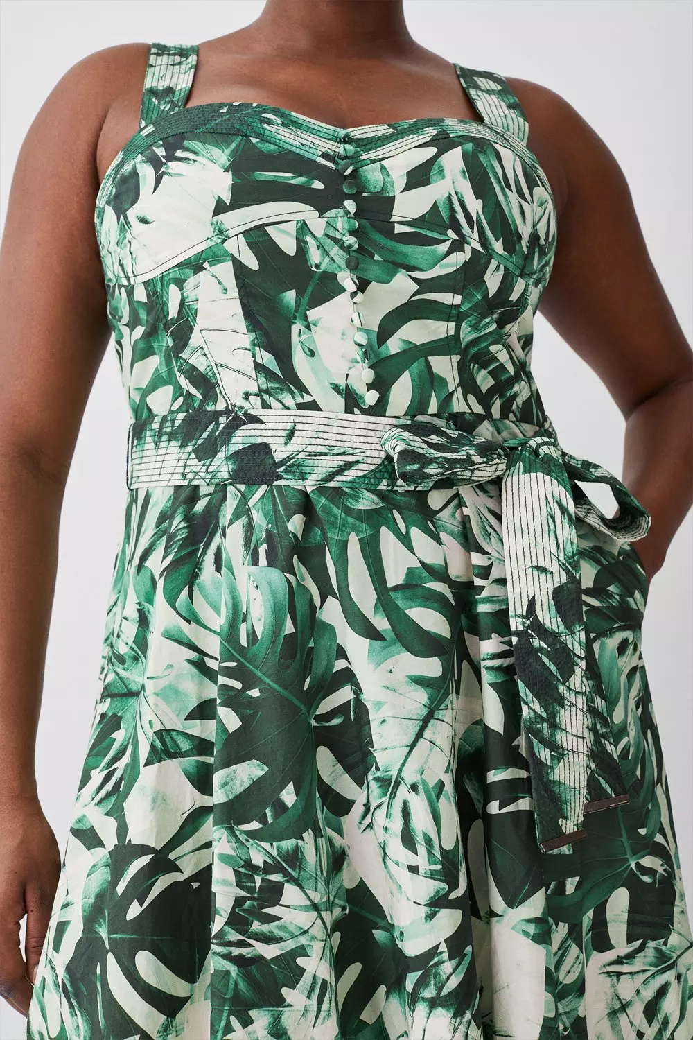 Plus Size Tropical Belted Strappy Cotton Woven Maxi Dress