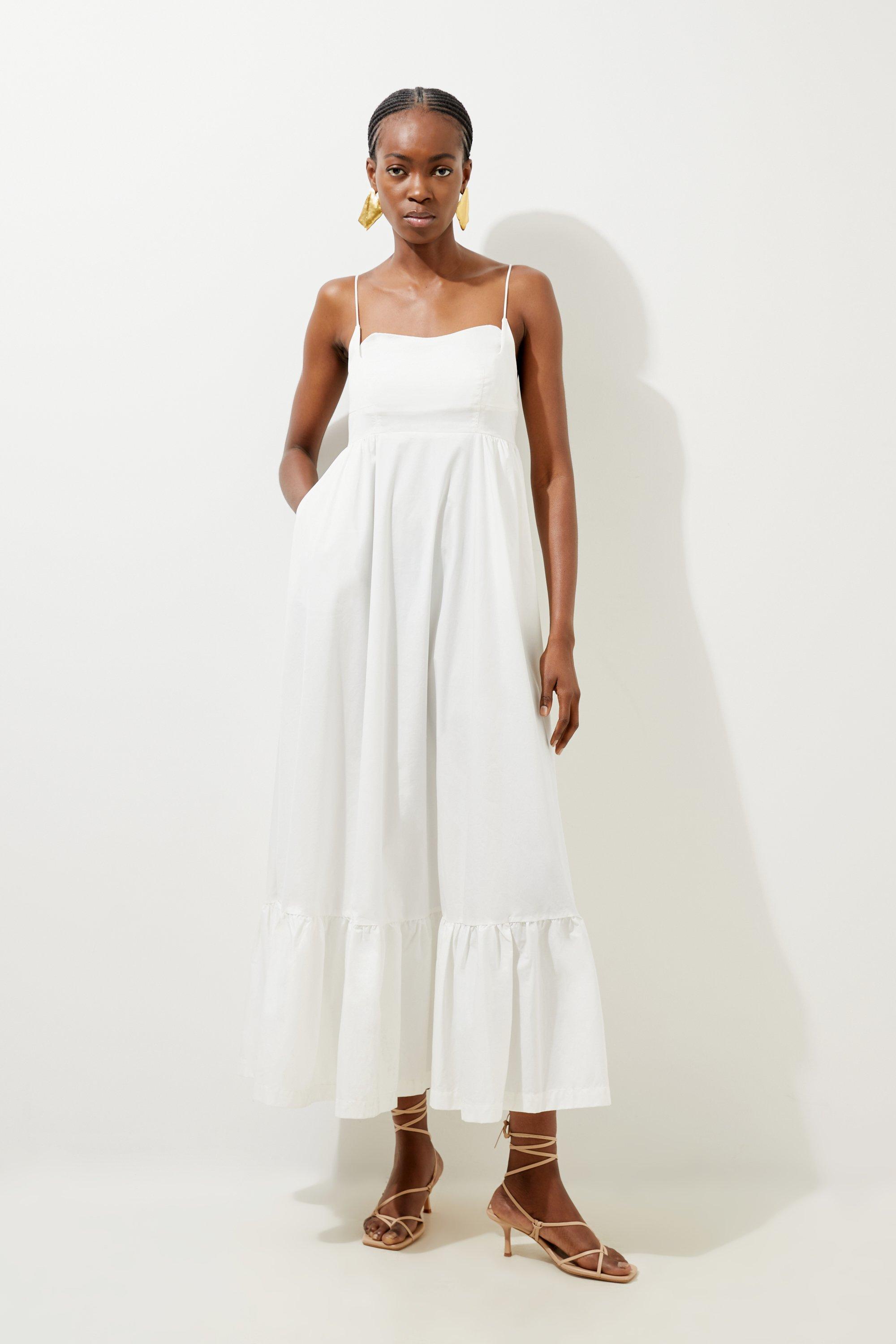 Cotton Topstitch Strappy Maxi Dress - White