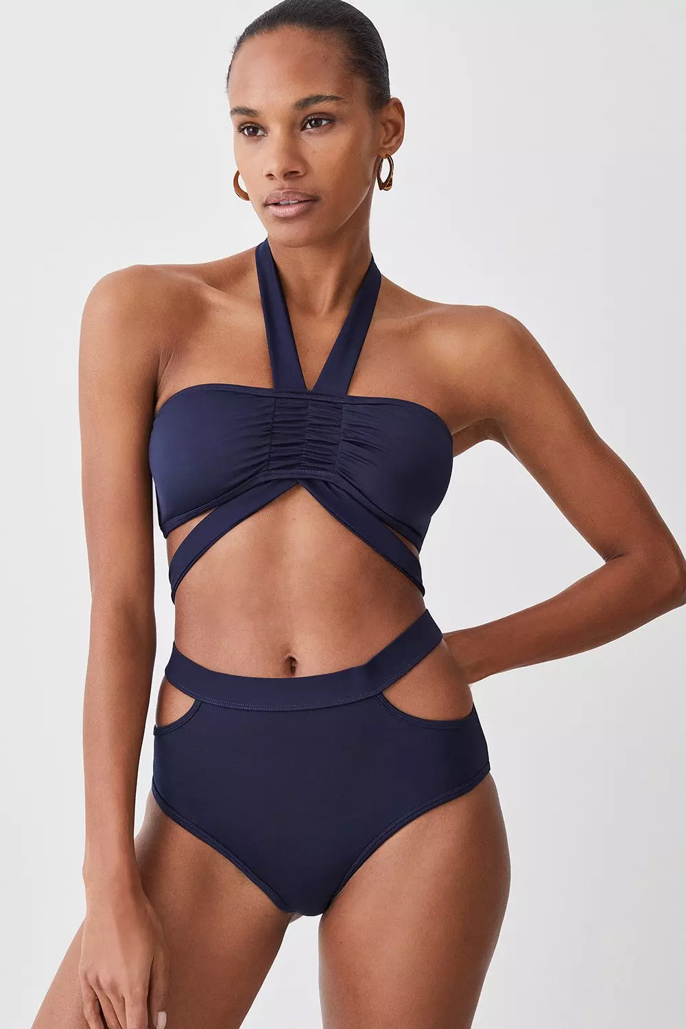 Cross Front Halter One Piece Swimsuit Navy