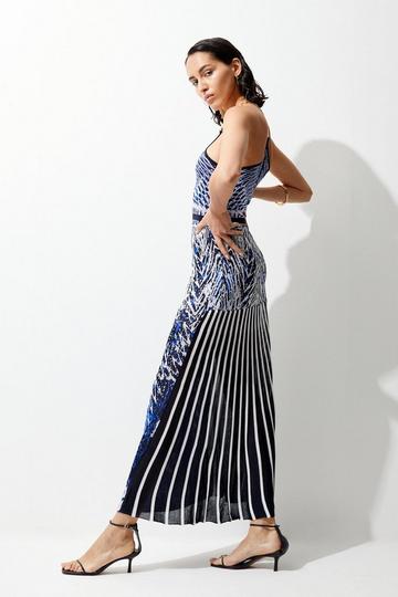 Slinky Knit Mirrored Jacquard Geo Chain Strap Maxi Dress blue