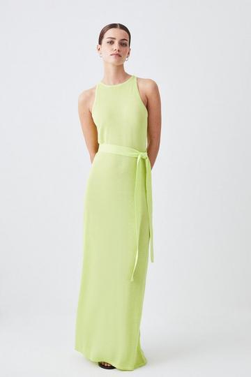 Petite Racer Style Lightweight Summer Knit Belted Maxi Dress lime