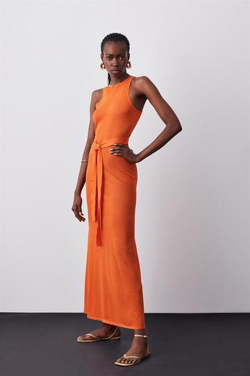 Orange Viscose Blend Racer Style Lightweight Summer Knit Maxi Dress