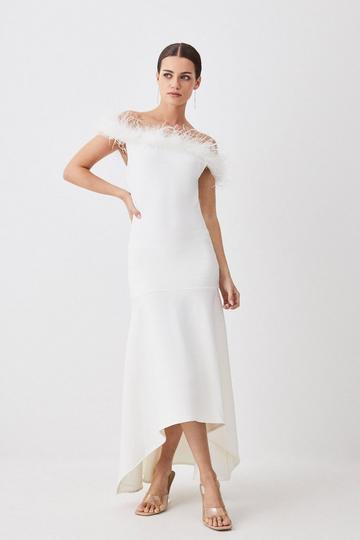 Cream White Petite Feather Detail Bandage Bardot Midaxi Dress