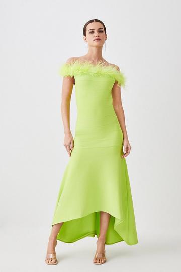 Petite Feather Detail Bandage Off The Shoulder Midaxi Dress lime