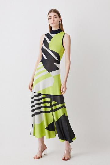 Slinky Knit Jacquard Abstract Maxi Dress lime