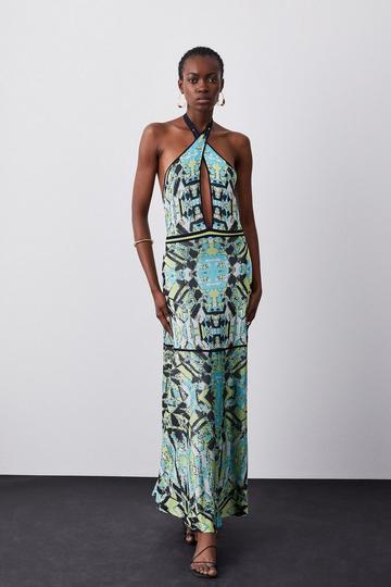 Blue Slinky Knit Jacquard Geo Maxi Column Dress