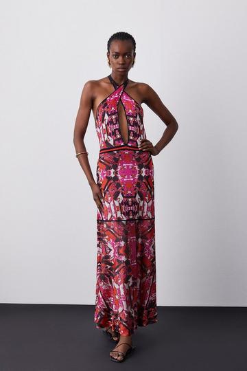 Pink Slinky Knit Jacquard Geo Maxi Column Dress