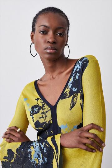 Yellow Slinky Knit Jacquard Floral Top