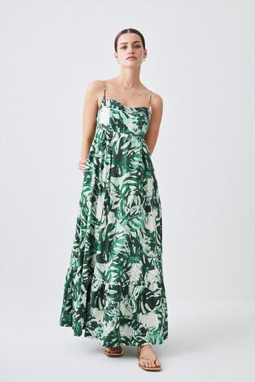 Green Petite Tropical Printed Strappy Cotton Woven Maxi Dress