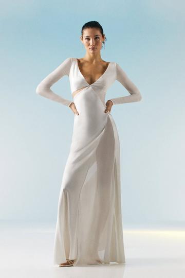 OOTO LONDON Sheer Panneled Long Sleeve Woven Maxi Dress ivory