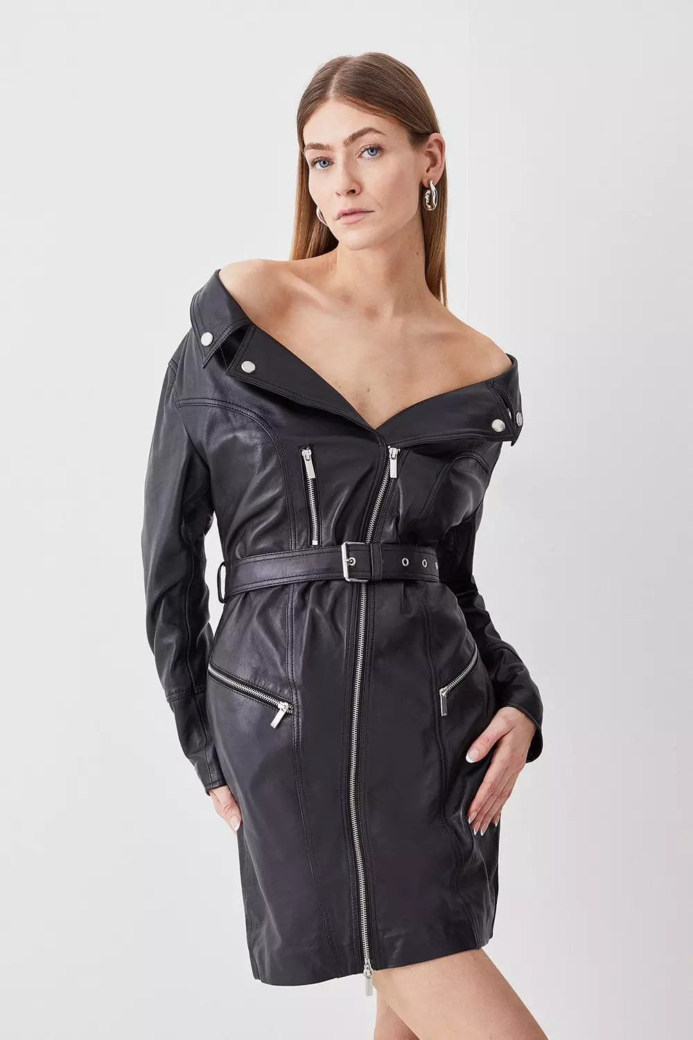 Leather off 2025 shoulder dress