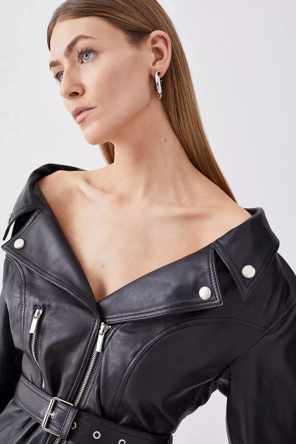 Leather Off The Shoulder Sleeved Biker Mini Dress Karen Millen