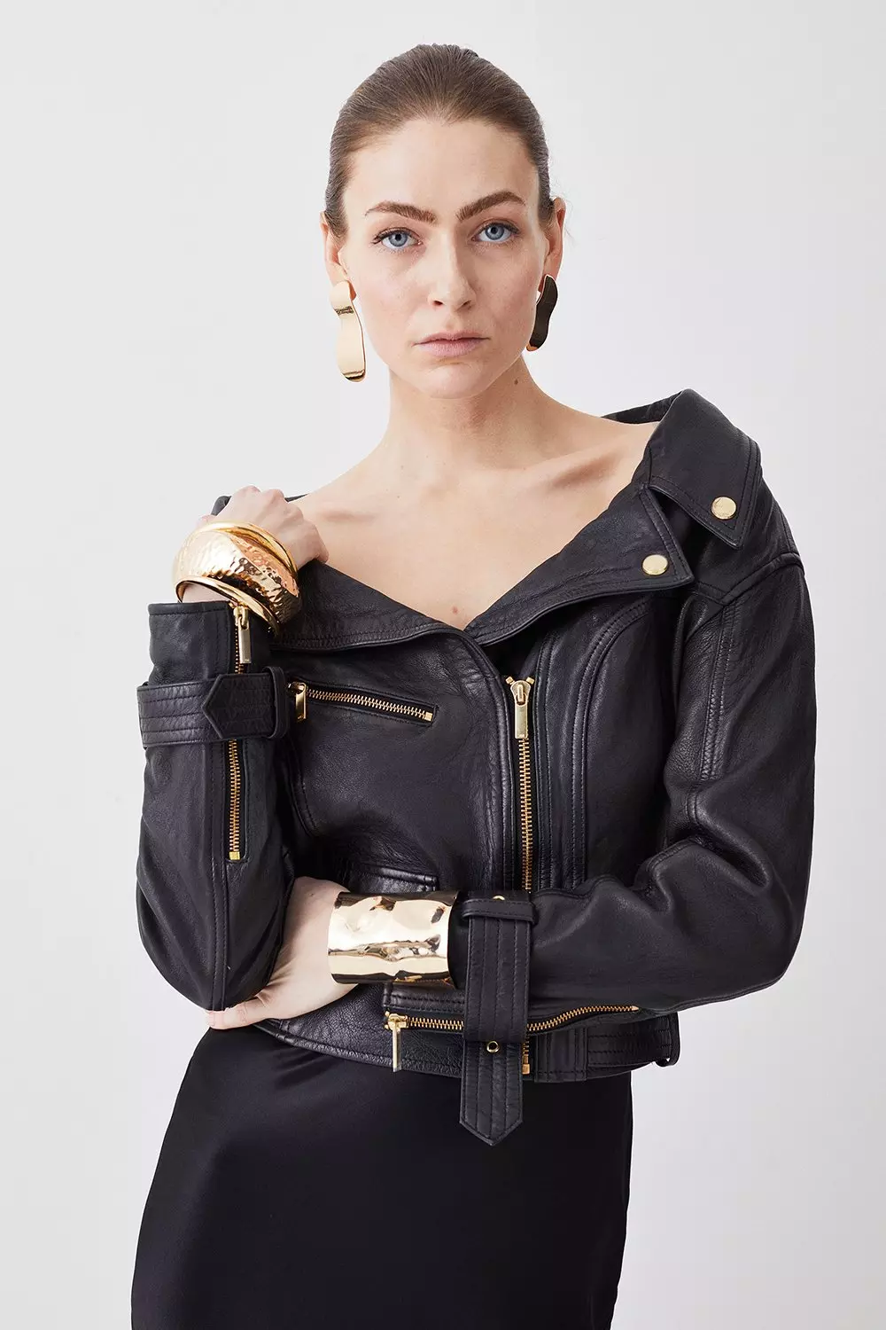 Leather off on sale the shoulder jacket