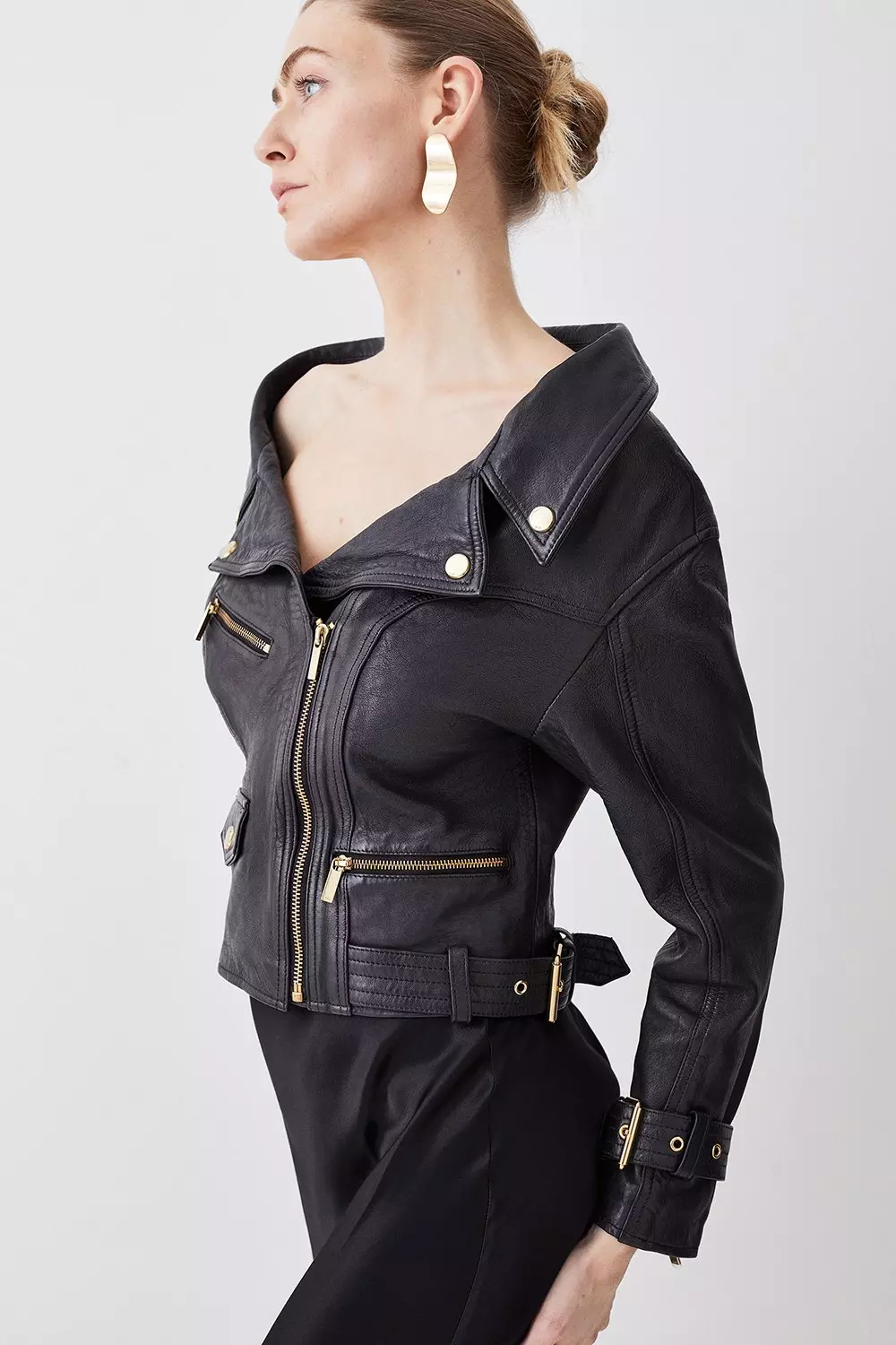 Washed Leather Off The Shoulder Biker Jacket Karen Millen