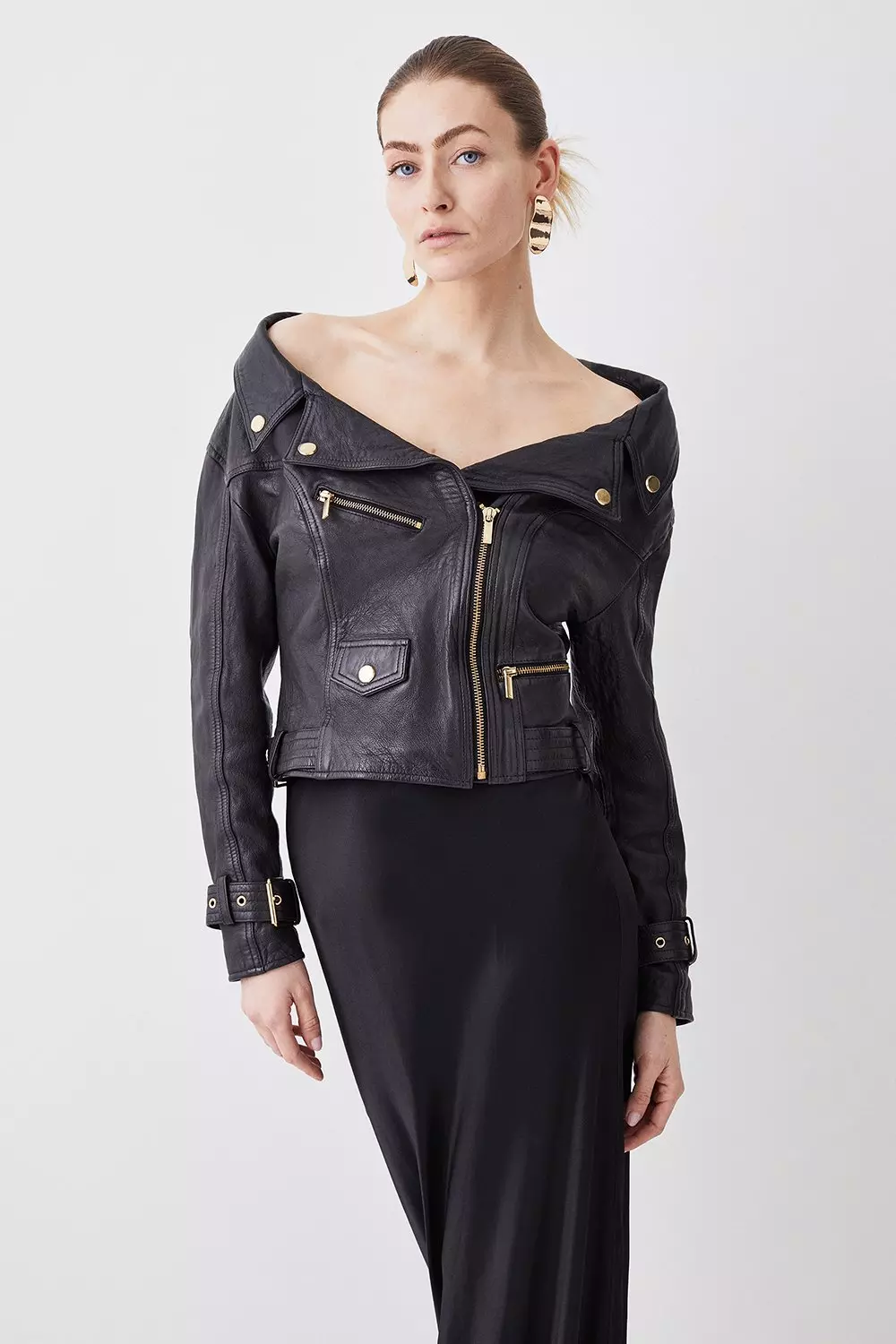 Washed Leather Off The Shoulder Moto Jacket