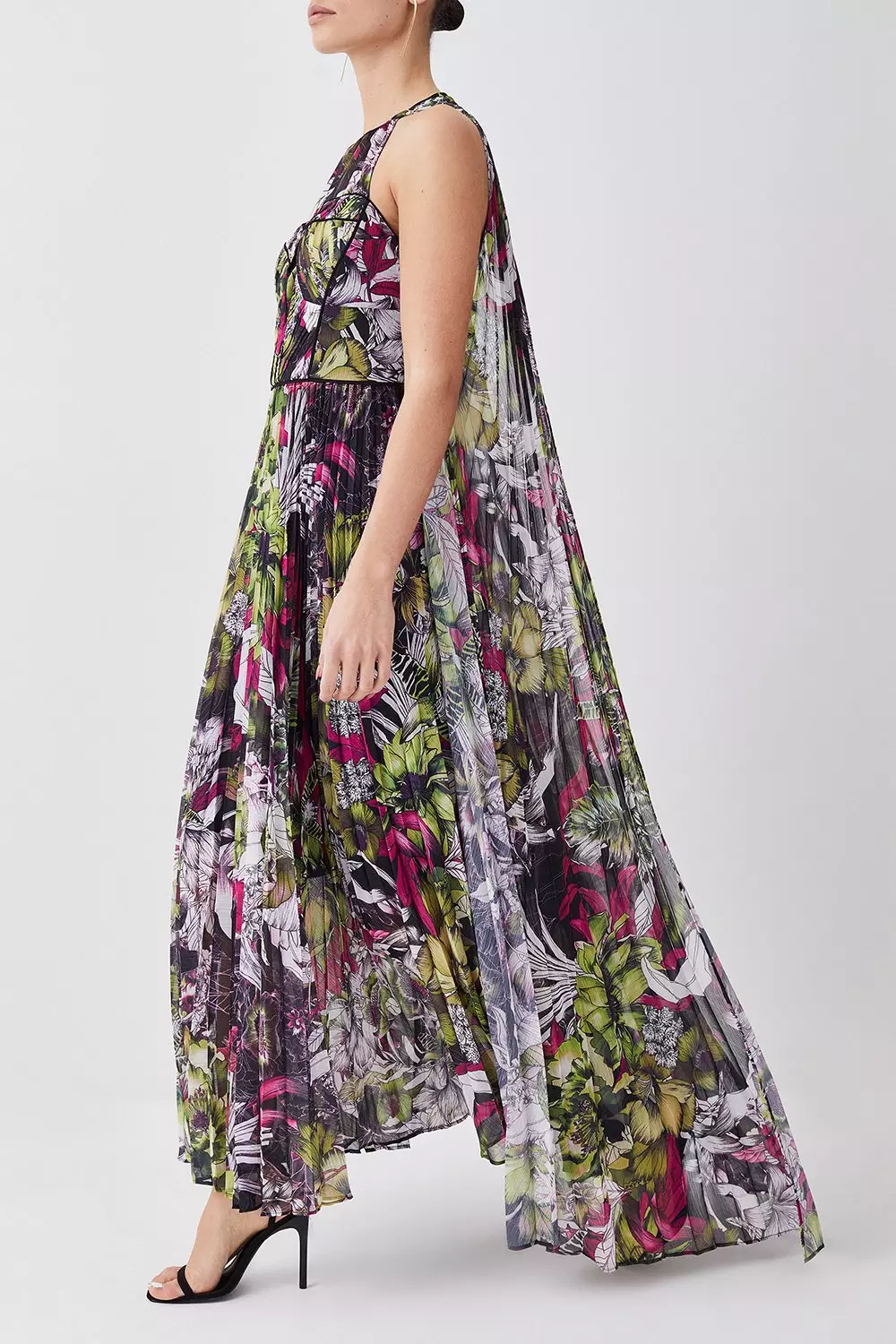 Petite Corset Detail Floral Pleated Halter Woven Maxi Dress | Karen Millen