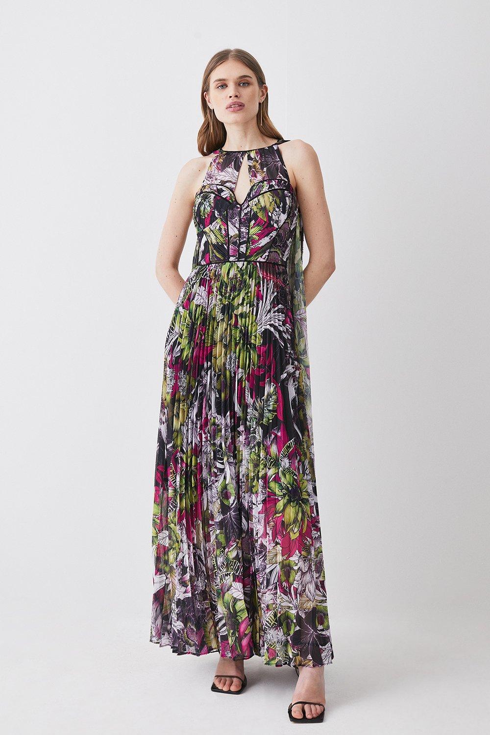 Corset Detail Floral Pleated Halter Woven Maxi Dress