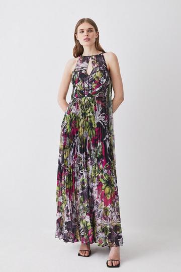 Corset Detail Floral Pleated Halter Woven Maxi Dress multi