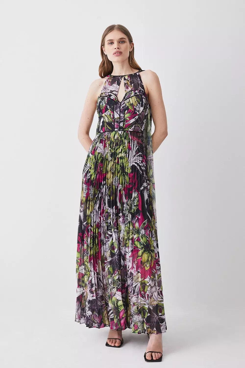 KAREN MILLEN Tall Corset Detail Floral Pleated Dress in Multi