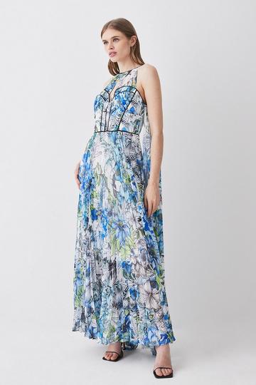 Corset Detail Floral Pleated Halter Woven Maxi Dress blue