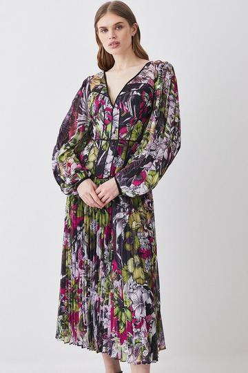 Tall Corset Detail Floral Pleated Woven Maxi Dress multi